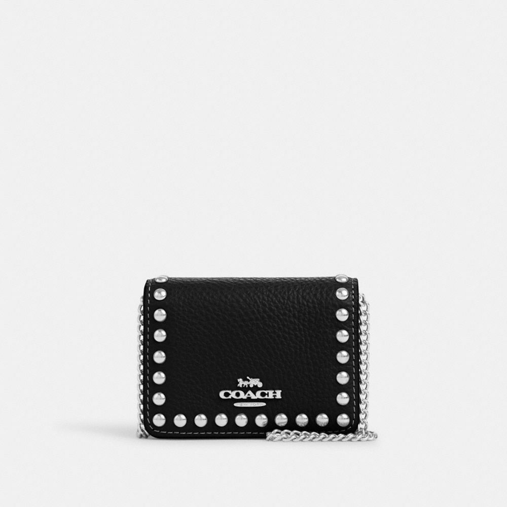 COACH®,MINI WALLET ON A CHAIN WITH RIVETS,Novelty Leather,Mini,Silver/Black,Front View