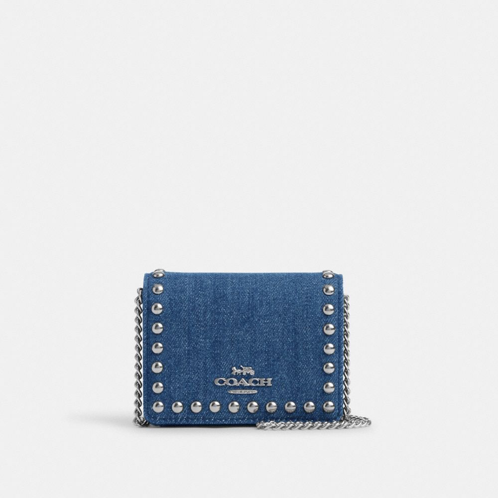 COACH®,MINI WALLET ON A CHAIN WITH RIVETS,Denim,Silver/Denim,Front View