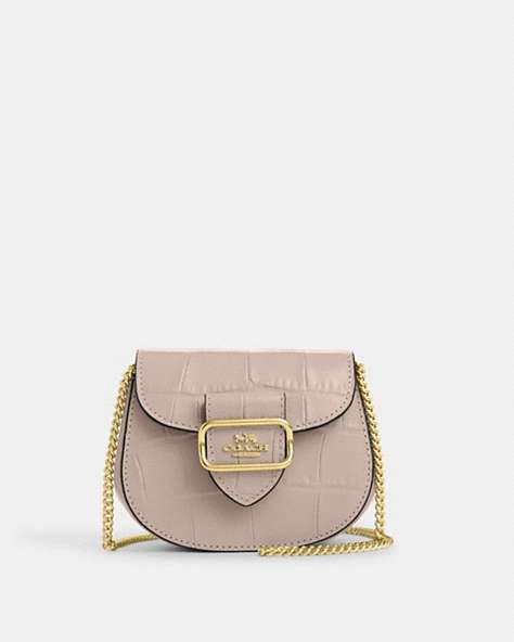 COACH®,MORGAN CARD CASE ON A CHAIN,Embossed Leather,Mini,Gold/Grey Birch,Front View