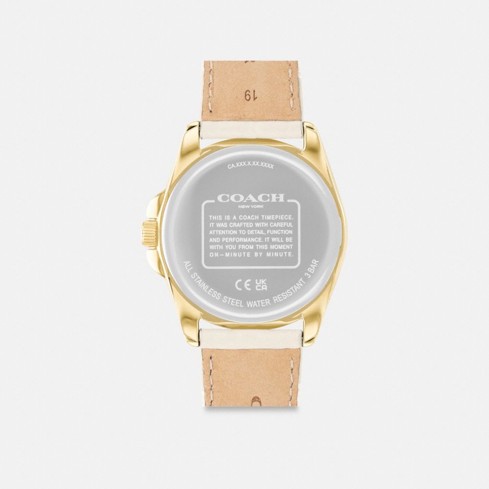 COACH®,Greyson Watch, 36 Mm,Analog,Crystal,Leather,Water Resistant,Casual,Cream,Back View