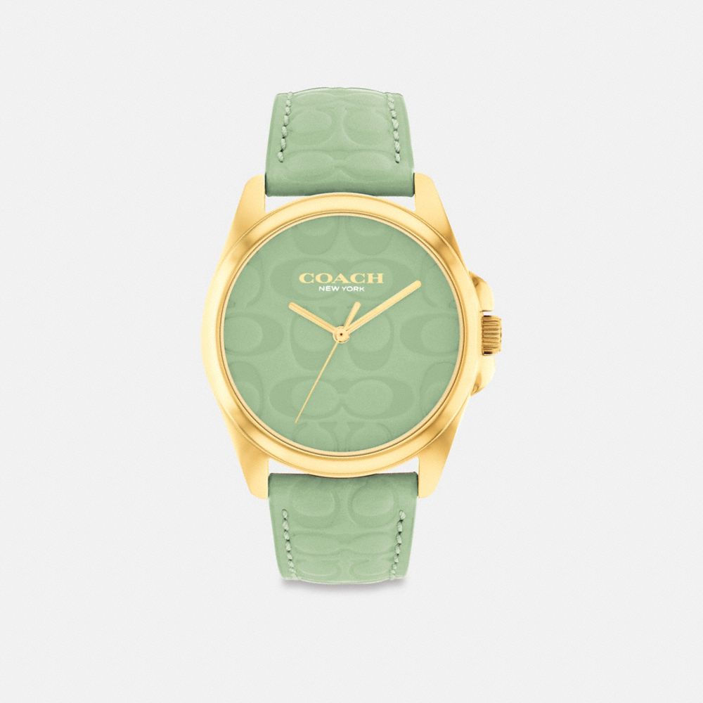 COACH®,Greyson Watch, 36 Mm,Analog,Crystal,Leather,Water Resistant,Casual,Green,Front View