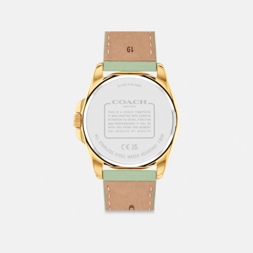 COACH®,Greyson Watch, 36 Mm,Analog,Crystal,Leather,Water Resistant,Casual,Green,Back View