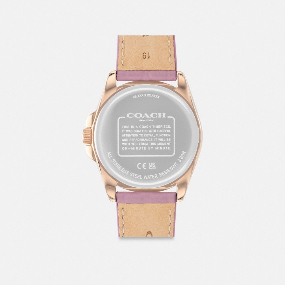 COACH®,Greyson Watch, 36 Mm,Analog,Leather,Crystal,Water Resistant,Casual,Blush,Back View