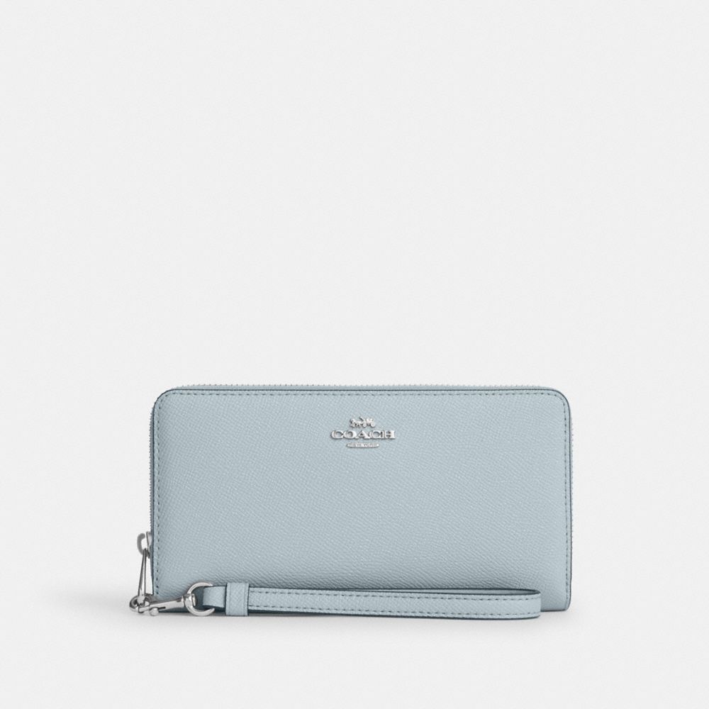 COACH®,PORTEFEUILLE ZIP-CONTOUR LONG,Cuir Cross-grain,Argent/Bleu pâle,Front View