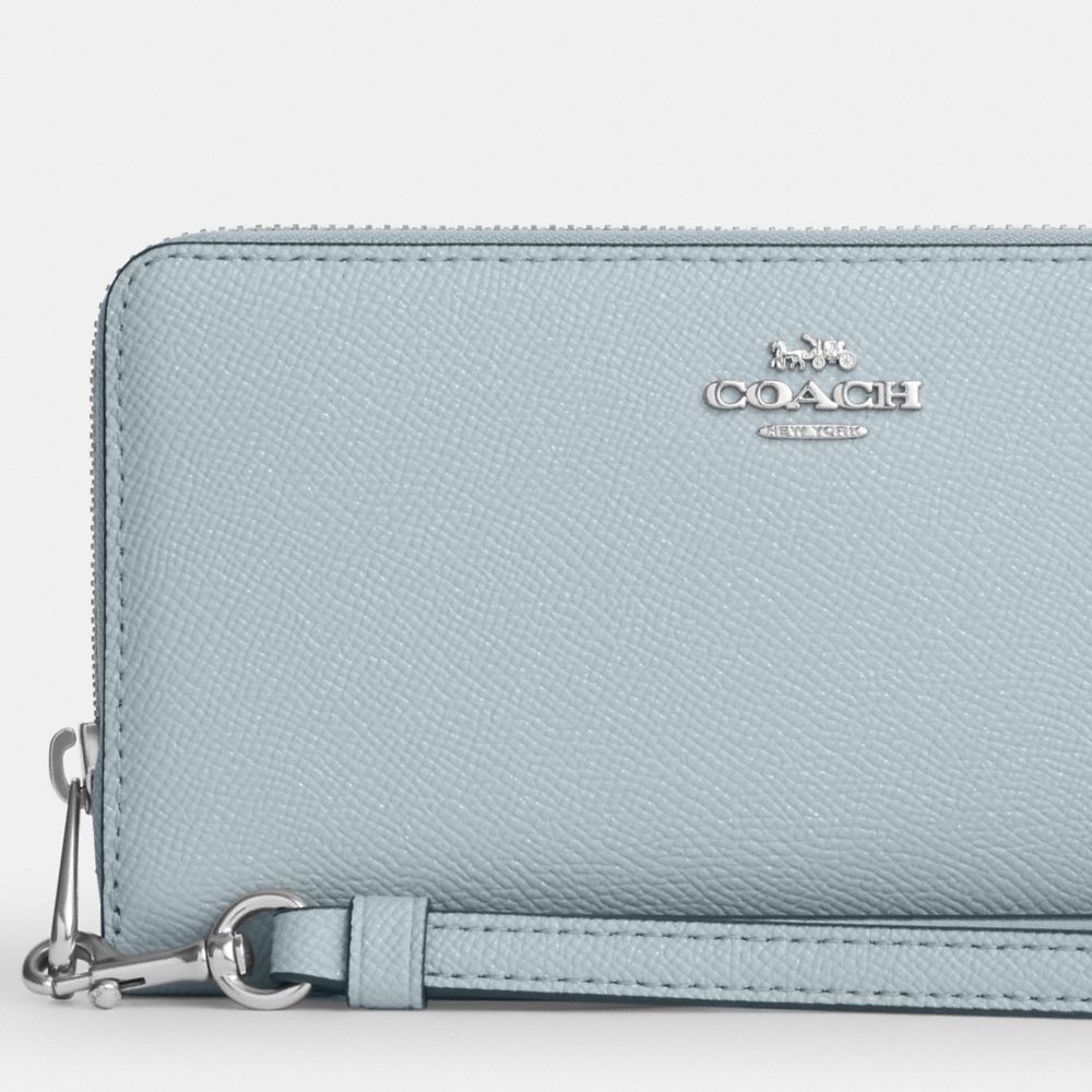 COACH®,PORTEFEUILLE ZIP-CONTOUR LONG,Cuir Cross-grain,Argent/Bleu pâle