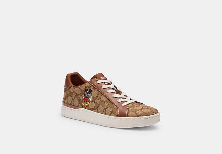 COACH®,DISNEY X COACH CLIP LOW TOP SNEAKER IN SIGNATURE JACQUARD WITH MICKEY MOUSE,Jacquard,Khaki,Front View