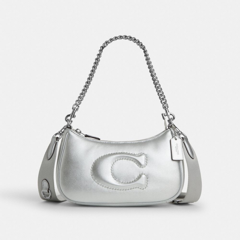 COACH®,TERI SHOULDER BAG IN SILVER METALLIC WITH SIGNATURE QUILTING,Smooth Leather,Medium,Anniversary,Silver/Metallic Silver,Front View