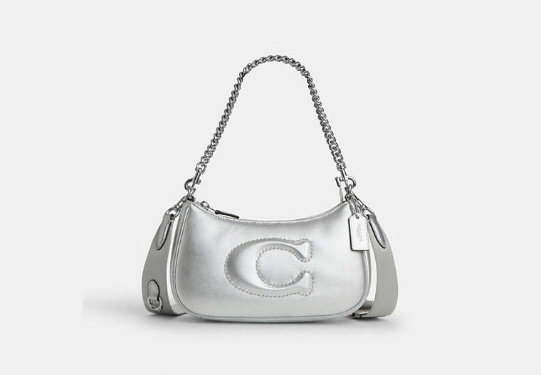 COACH®,TERI SHOULDER BAG IN SILVER METALLIC WITH SIGNATURE QUILTING,Leather,Anniversary,Silver/Metallic Silver,Front View