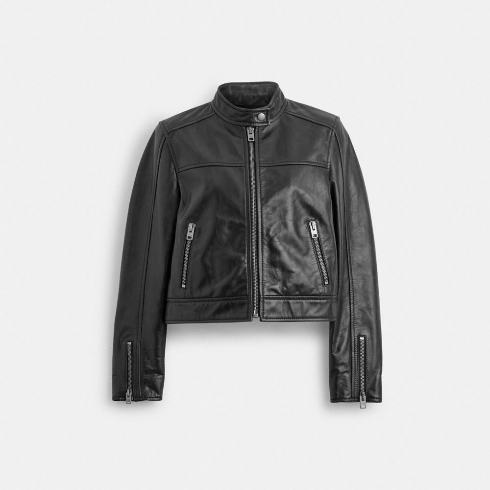 COACH®,LEATHER RACING JACKET,Leather,The Leather Shop,Black,Front View