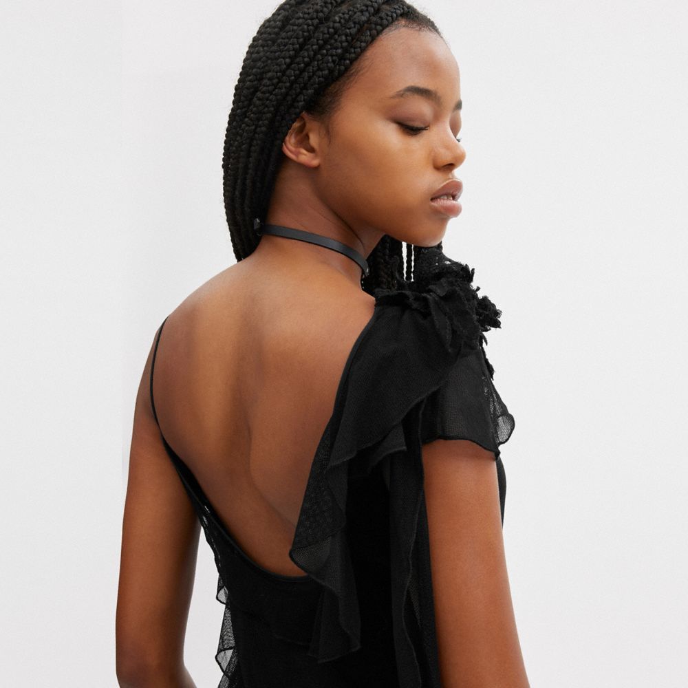 COACH®,Mini Tulle Dress,Cotton,A-Line,Tulle Details,3D Embellishment,Ruffles,Cocktail,Black,Detail View