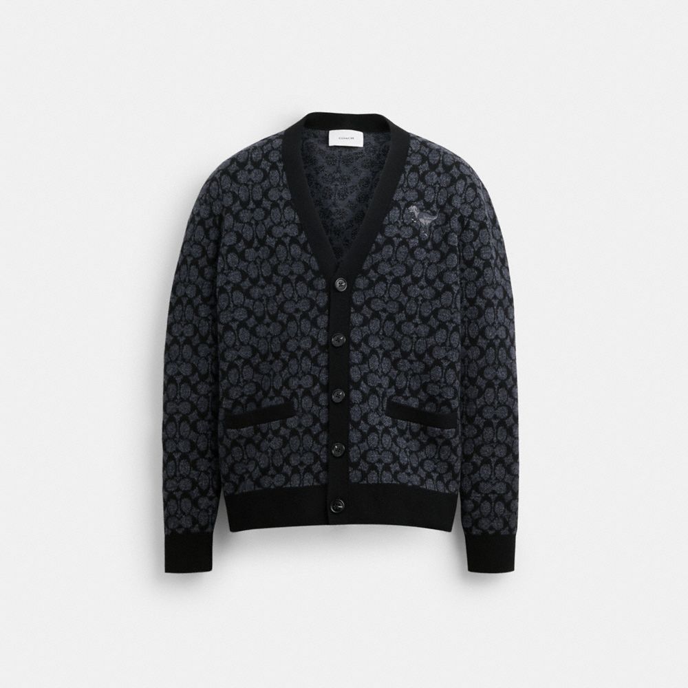 COACH®,REXY CARDIGAN SWEATER,Wool/Polyester,Black Signature,Front View