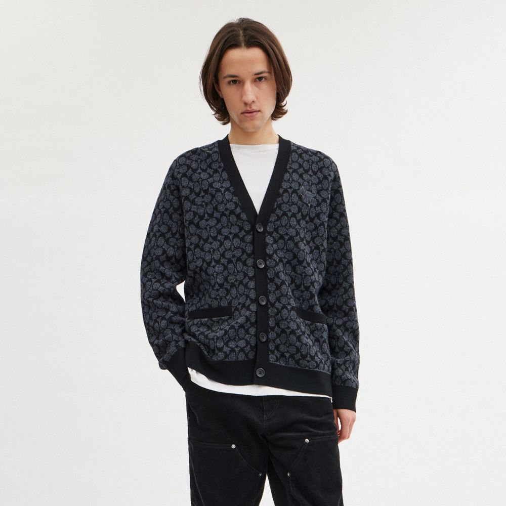 COACH®,REXY CARDIGAN SWEATER,Wool/Polyester,Black Signature,Scale View