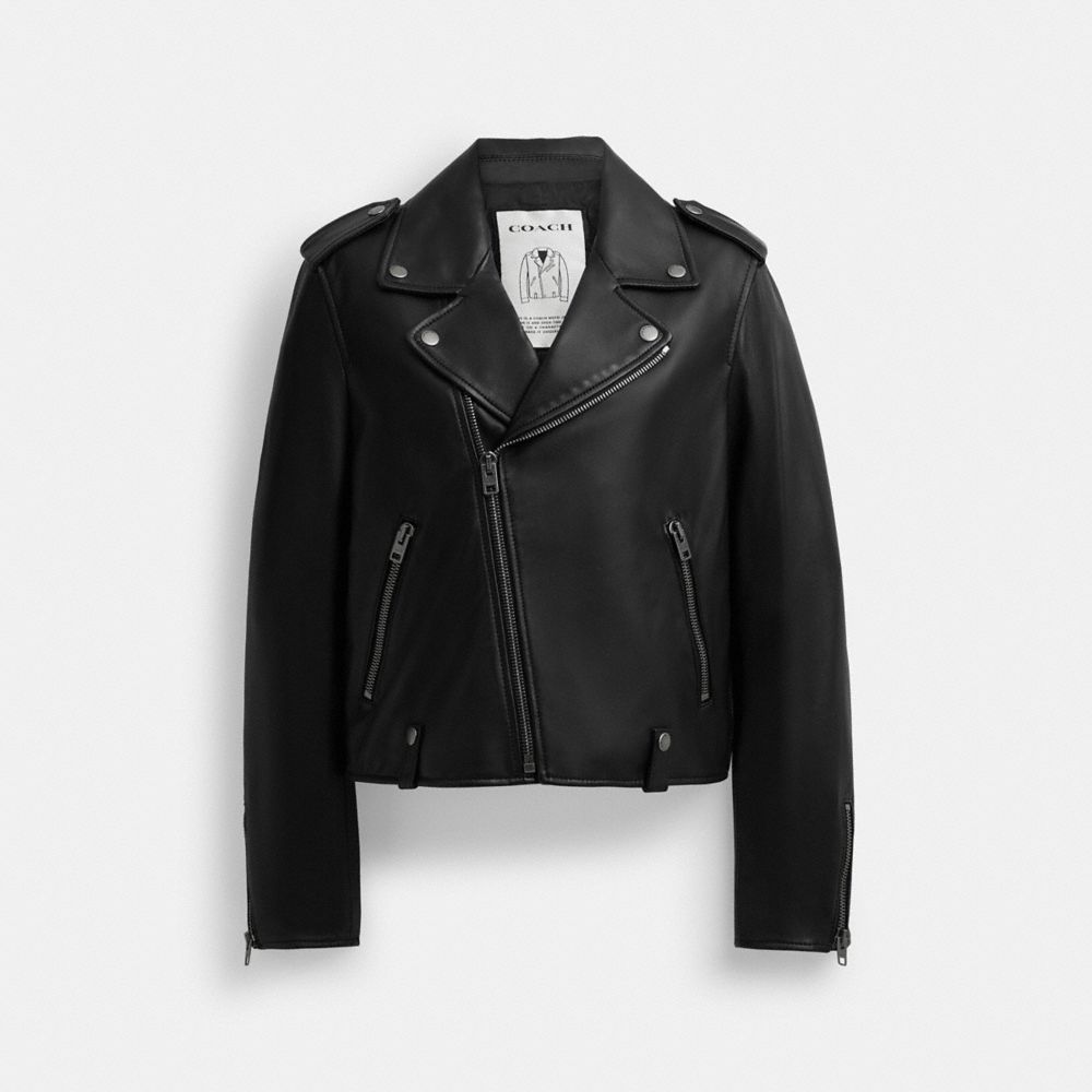 COACH®,Moto Jacket,Leather,Polyester,Viscose,Leather,Moto,Button,Zipper,Casual,Black,Front View