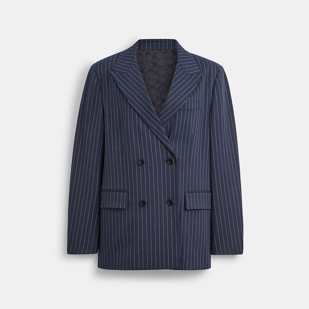Coach Double Breasted Blazer In Navy/white