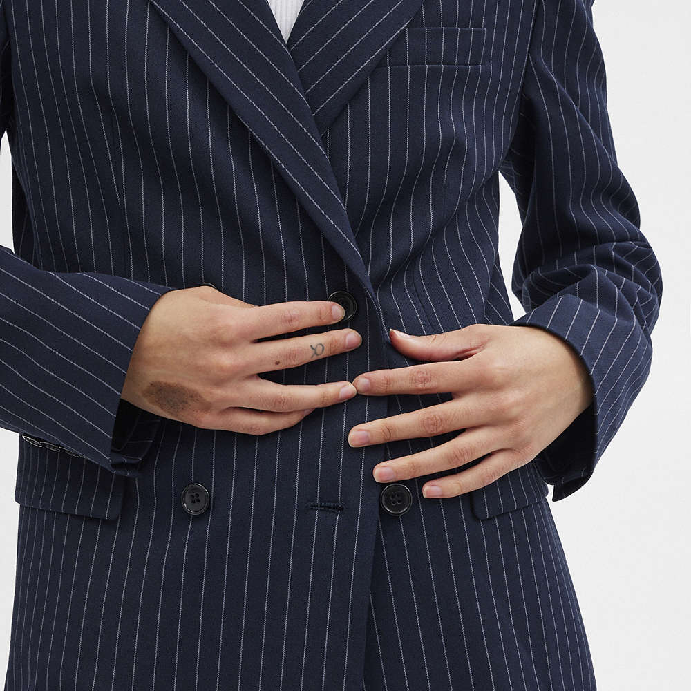 Shop Coach Double Breasted Blazer In Navy/white