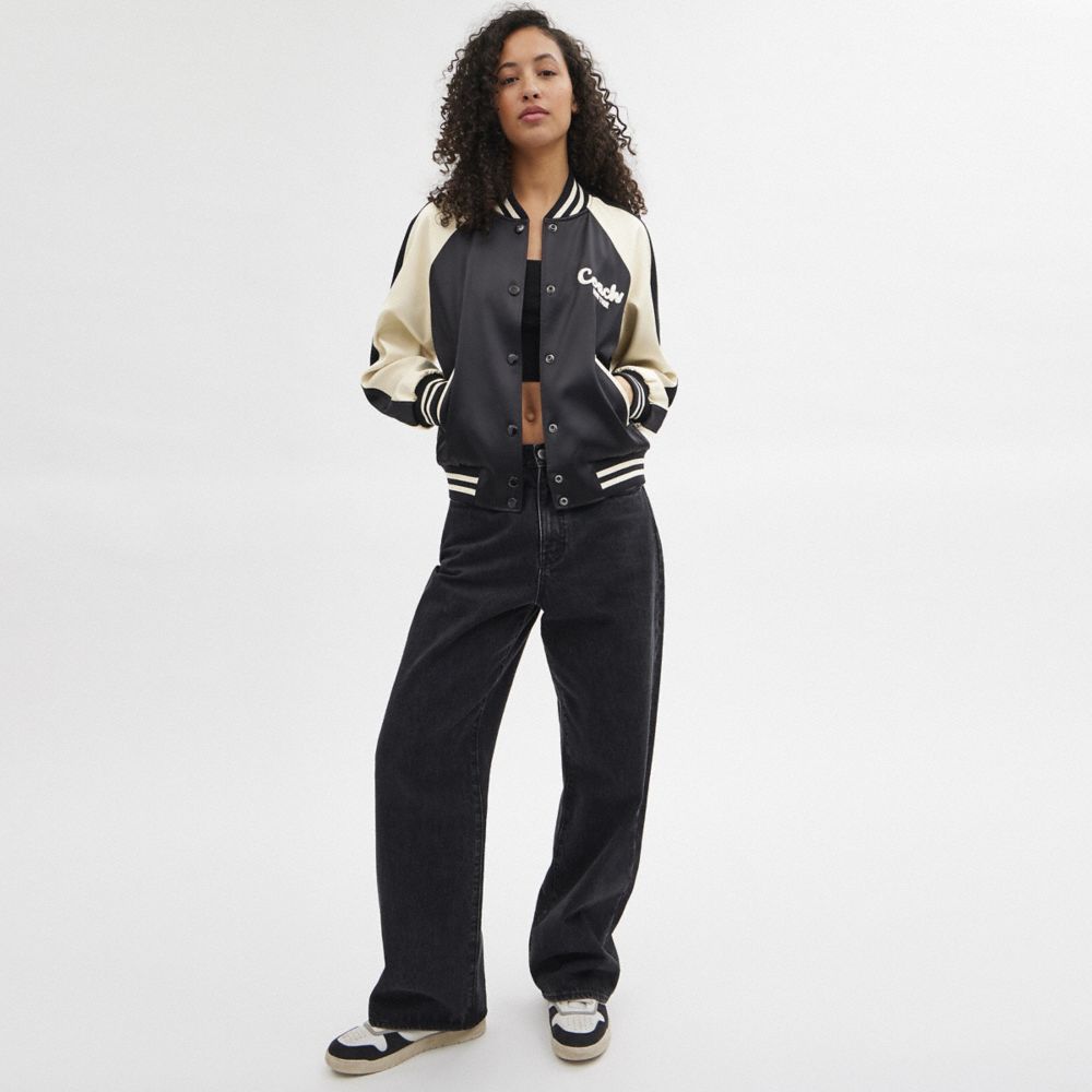 COACH®,VESTE VARSITY EN SATIN,Polyester,Noir et blanc,Scale View