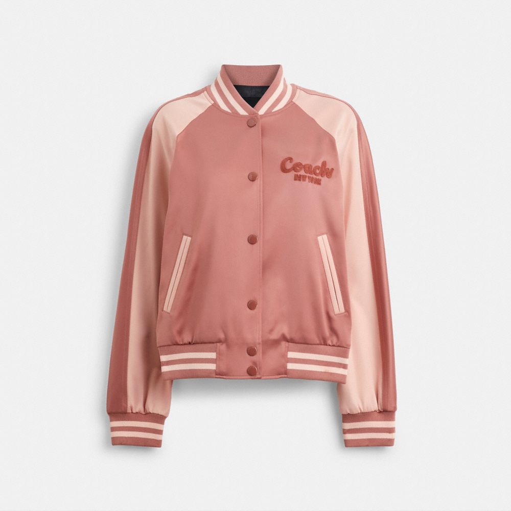 COACH®,SATIN VARSITY JACKET,Pink,Front View image number 0