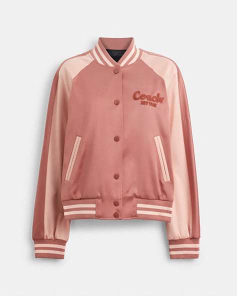 COACH®,SATIN VARSITY JACKET,Polyester,Pink,Front View