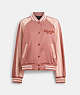 COACH®,SATIN VARSITY JACKET,Polyester,Pink,Front View
