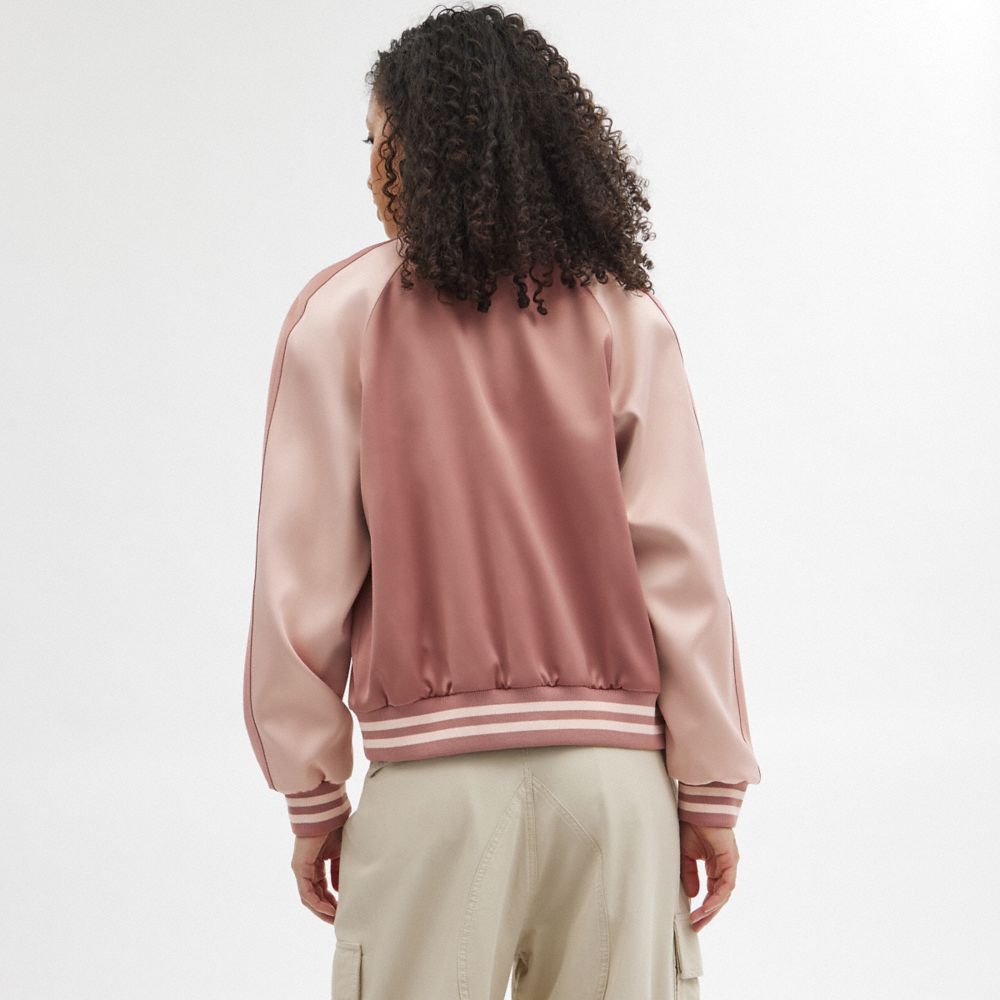 COACH®,SATIN VARSITY JACKET,Polyester,Pink,Scale View
