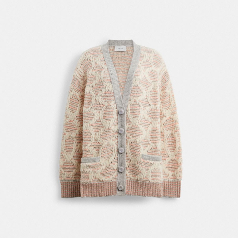 COACH®,LONG SIGNATURE CARDIGAN,wool,Pink/Multi,Front View