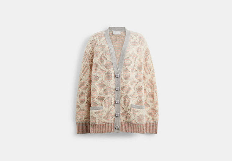 COACH®,LONG SIGNATURE CARDIGAN,wool,Pink/Multi,Front View image number 0