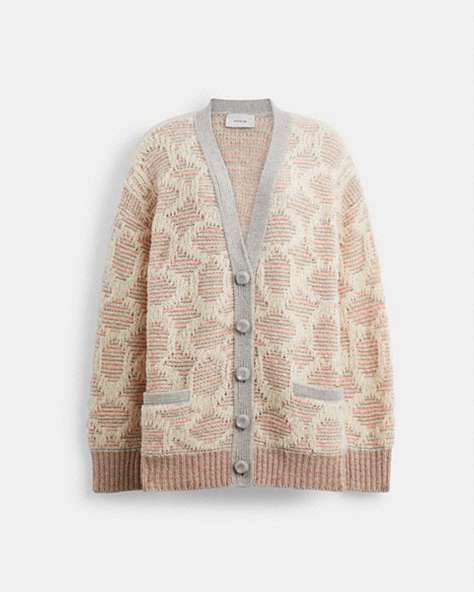 COACH®,LONG SIGNATURE CARDIGAN,wool,Pink/Multi,Front View