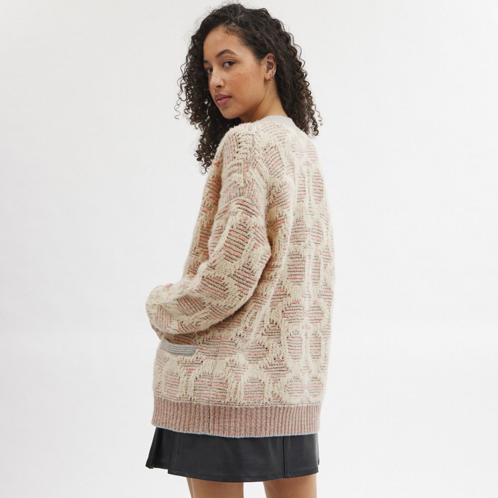 COACH®,LONG SIGNATURE CARDIGAN,wool,Pink/Multi,Scale View