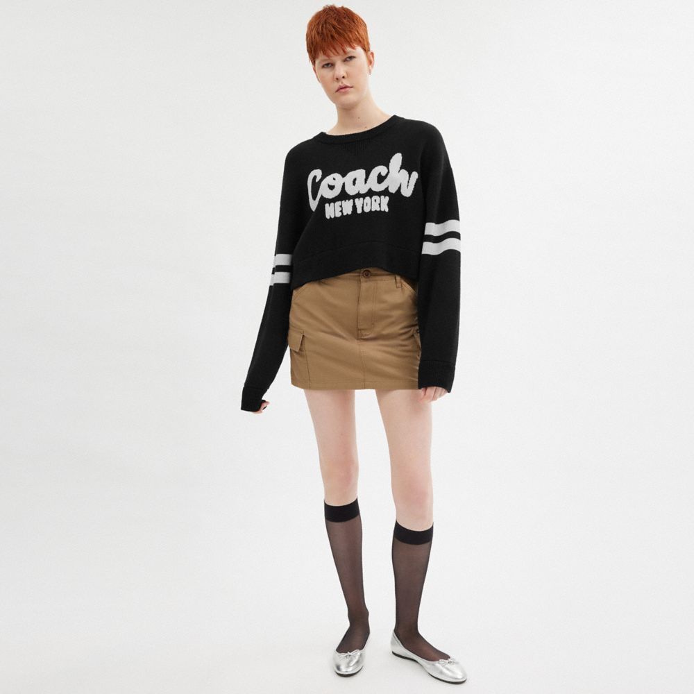 COACH®,Cropped Coach Sweater,Cotton,Pullover,Sweater,Stripe,Casual,Black,Scale View