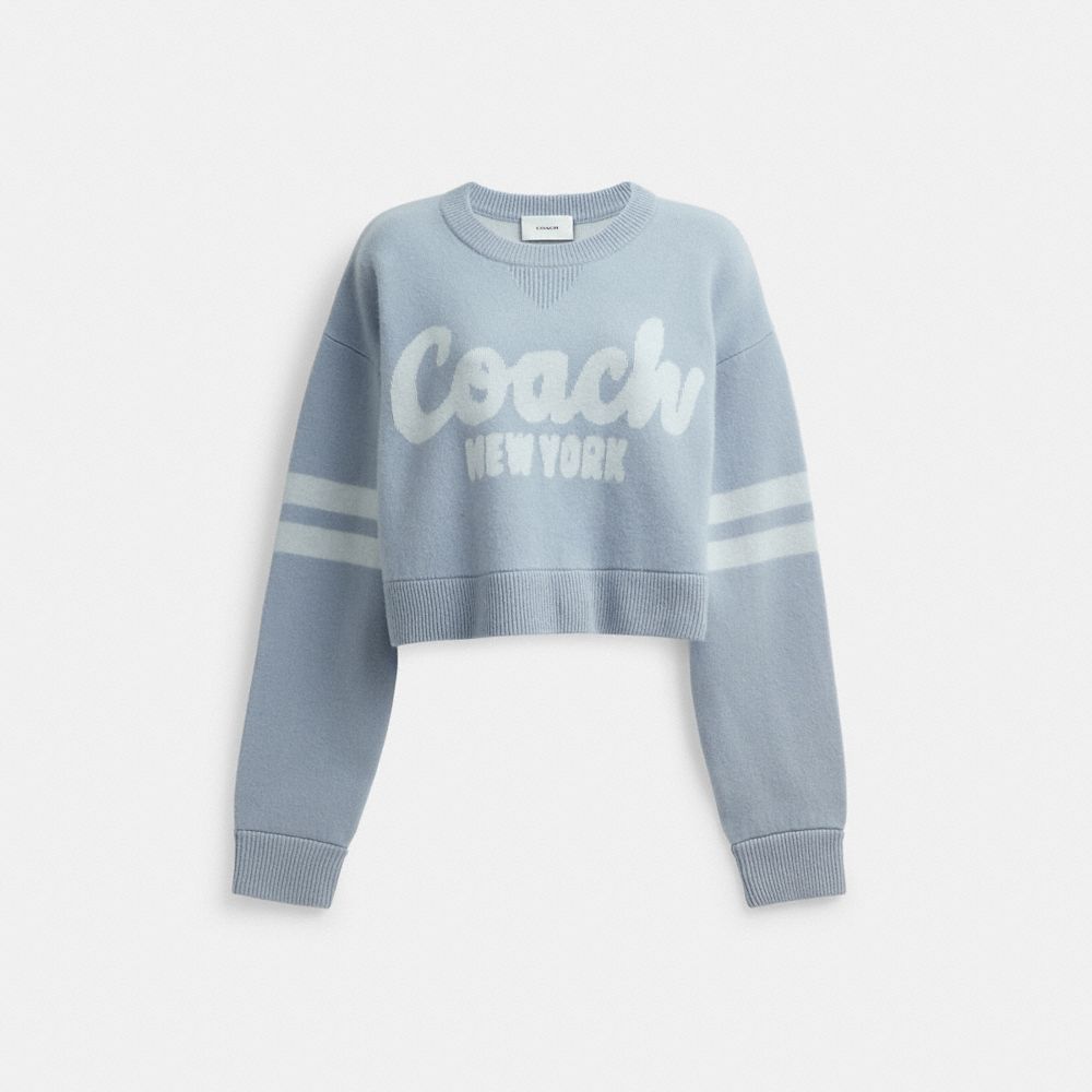 COACH®,CROPPED COACH SWEATER,Cotton/Wool,Blue,Front View