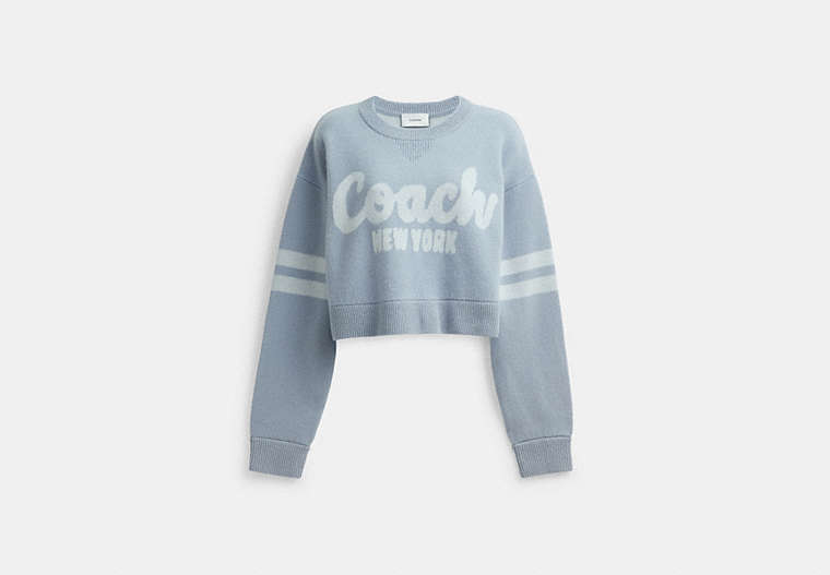 COACH®,CROPPED COACH SWEATER,Cotton/Wool,Blue,Front View image number 0