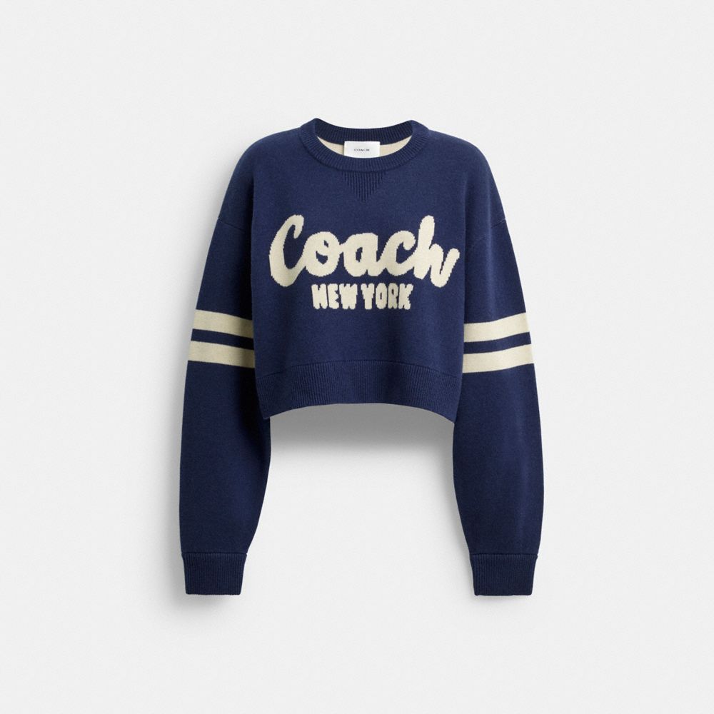 COACH®,Cropped Coach Sweater,Cashmere,Cotton,Spandex,Wool,Pullover,Sweater,Stripe,Casual,Navy,Front View