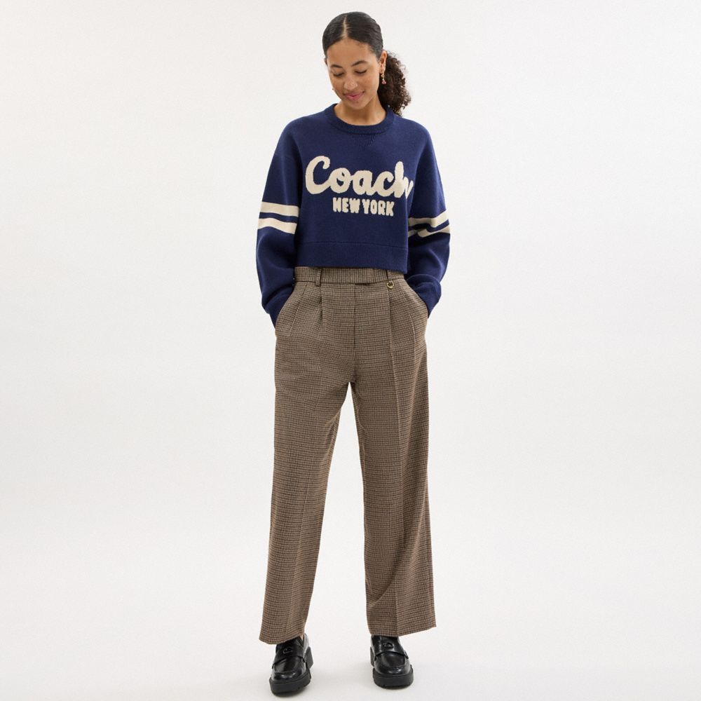 COACH®,Cropped Coach Sweater,Cashmere,Cotton,Spandex,Wool,Pullover,Sweater,Stripe,Casual,Navy,Scale View