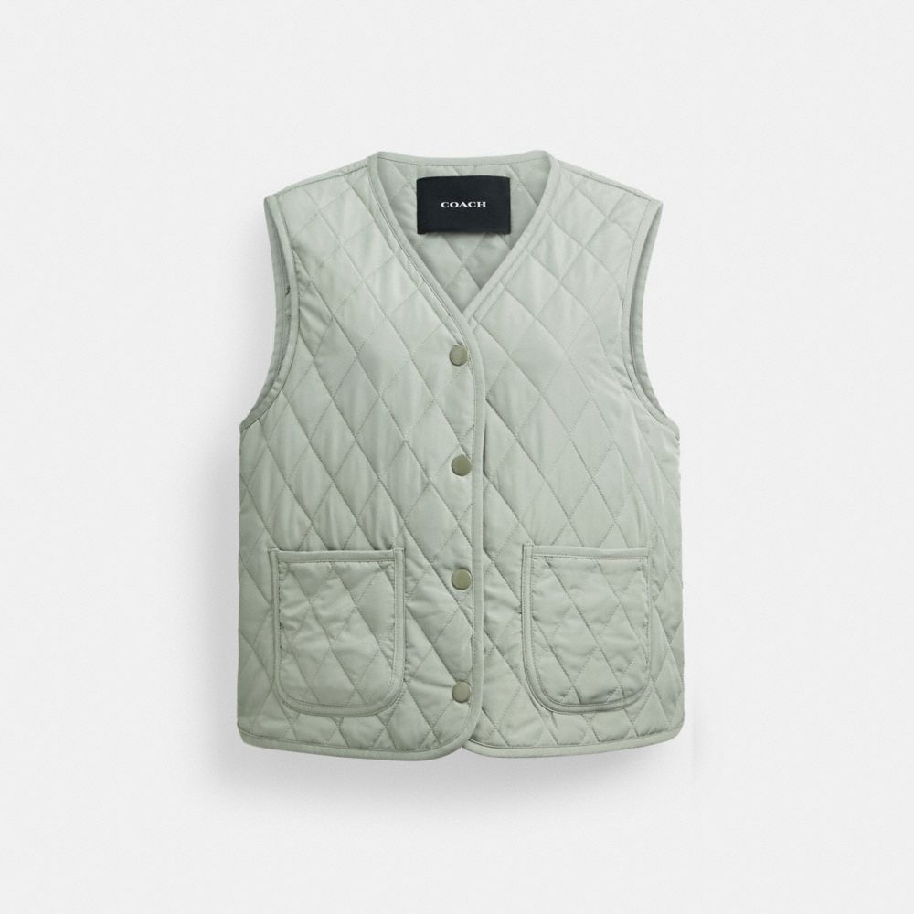 COACH®,QUILTED VEST,Polyester,Green,Front View image number 0