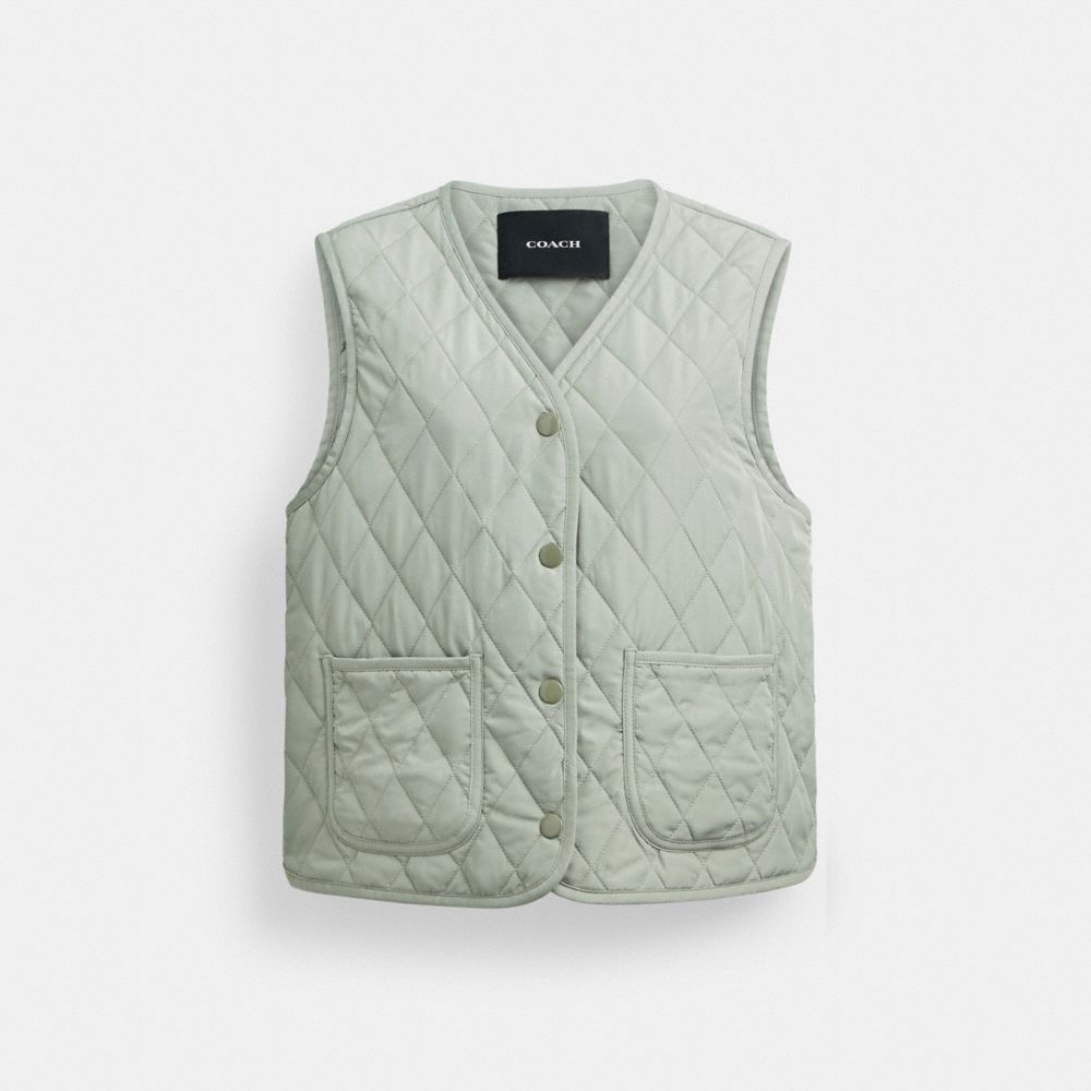 COACH®,QUILTED VEST,Polyester,Green,Front View