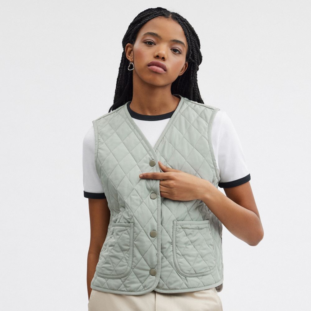 COACH®,QUILTED VEST,Polyester,Green,Scale View