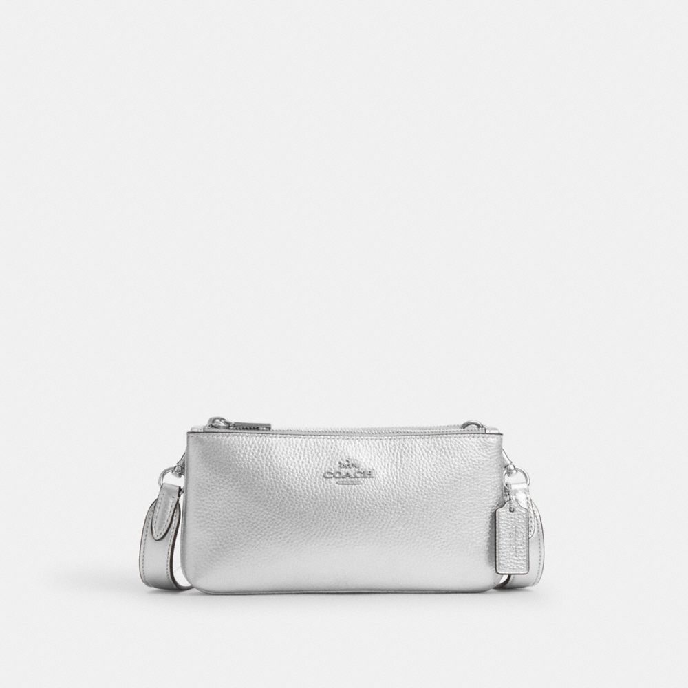 COACH®,DOUBLE ZIP CROSSBODY BAG IN SILVER METALLIC,Novelty Leather,Mini,Silver/Metallic Silver,Front View image number 0
