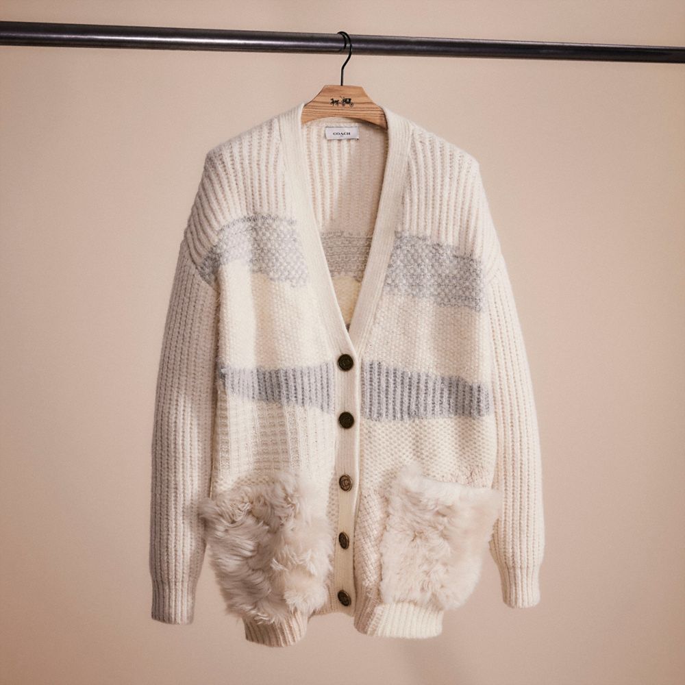 COACH®,RESTORED CARDIGAN WITH SHEARLING,Wool/Cotton,Ivory,Front View