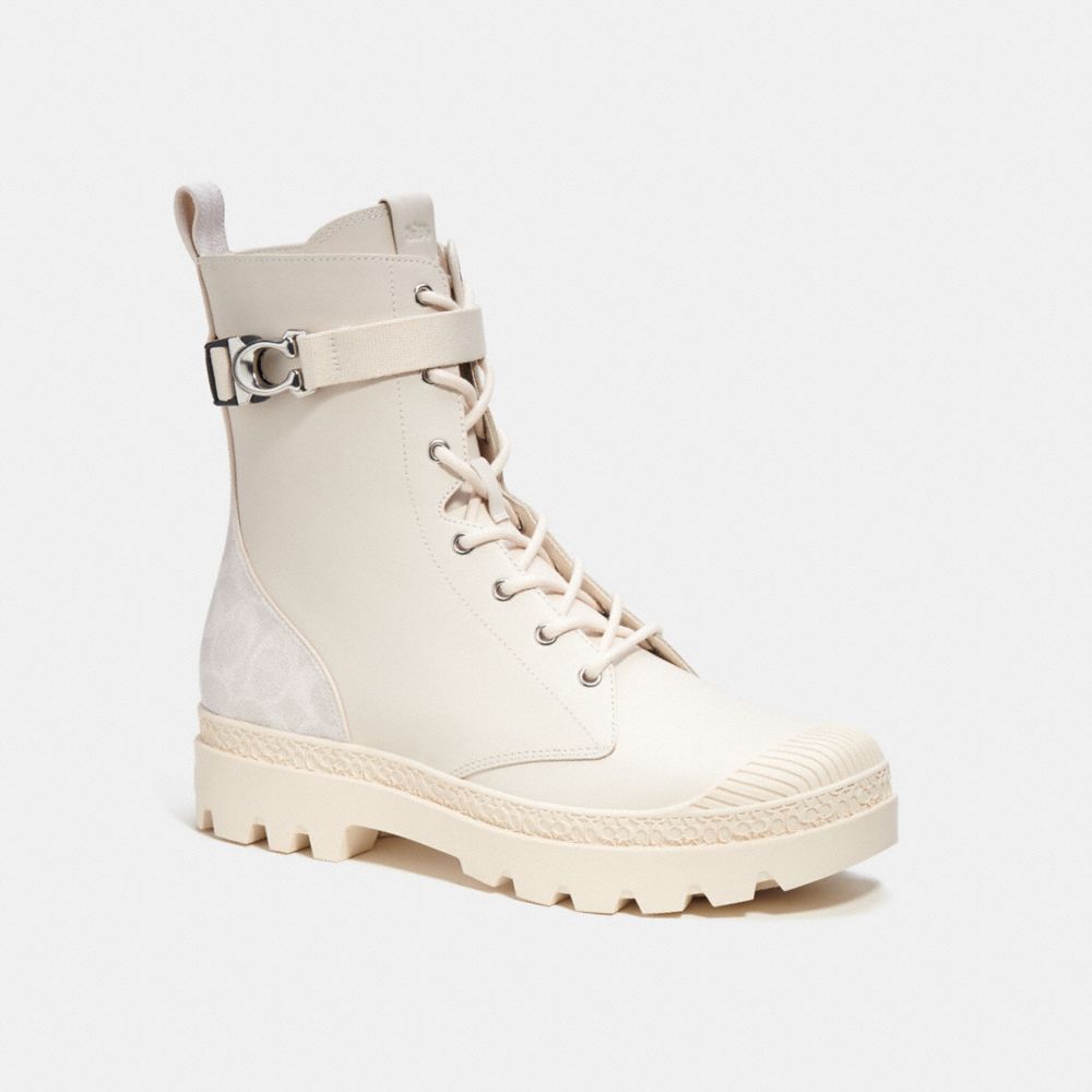 COACH®,TUCKER BOOT WITH SIGNATURE CANVAS,Leather,Chalk,Front View