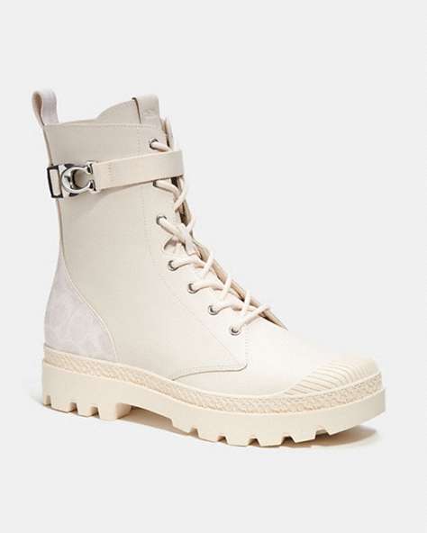 COACH®,TUCKER BOOT WITH SIGNATURE CANVAS,Leather,Chalk,Front View