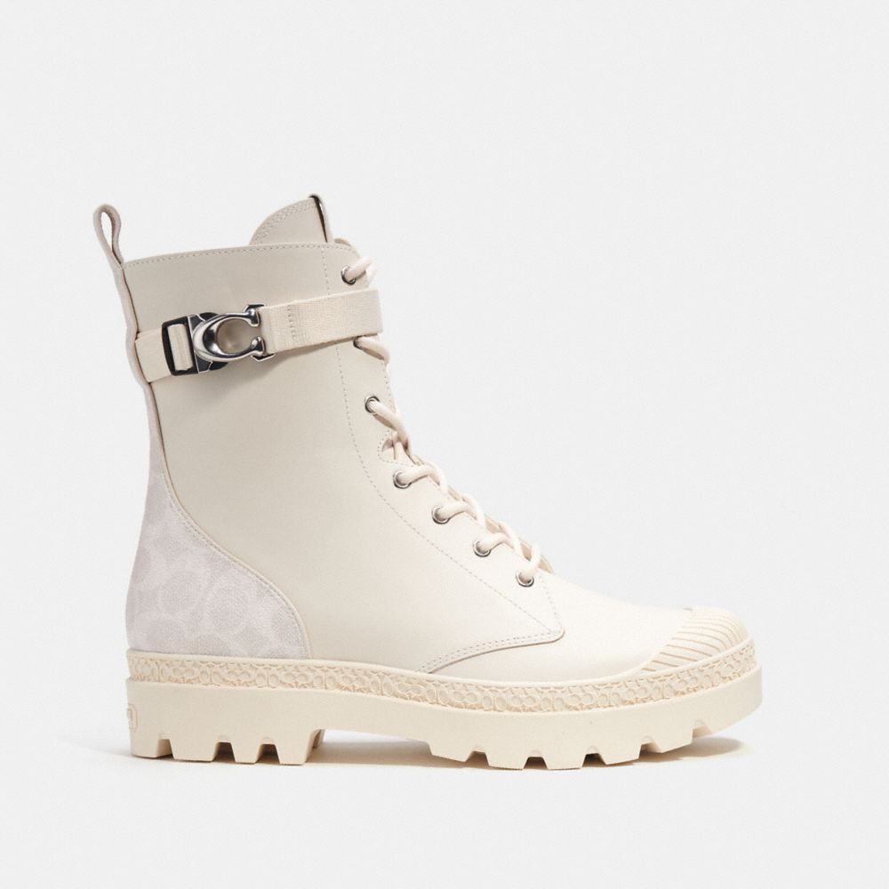 COACH®,TUCKER BOOT WITH SIGNATURE CANVAS,Leather,Chalk,Angle View