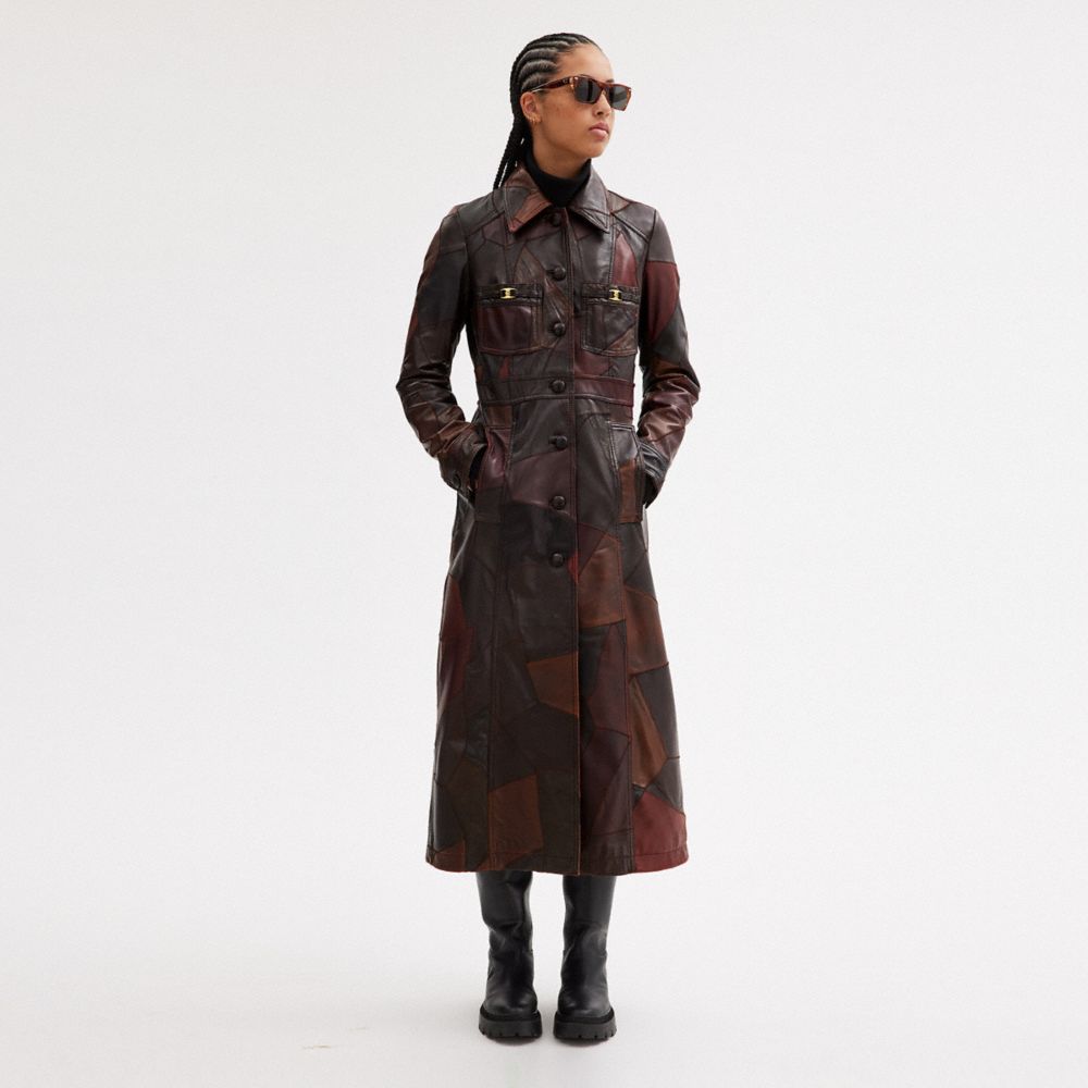 COACH®,LONG UPCRAFTED LEATHER TRENCH COAT,Leather,Brown,Scale View