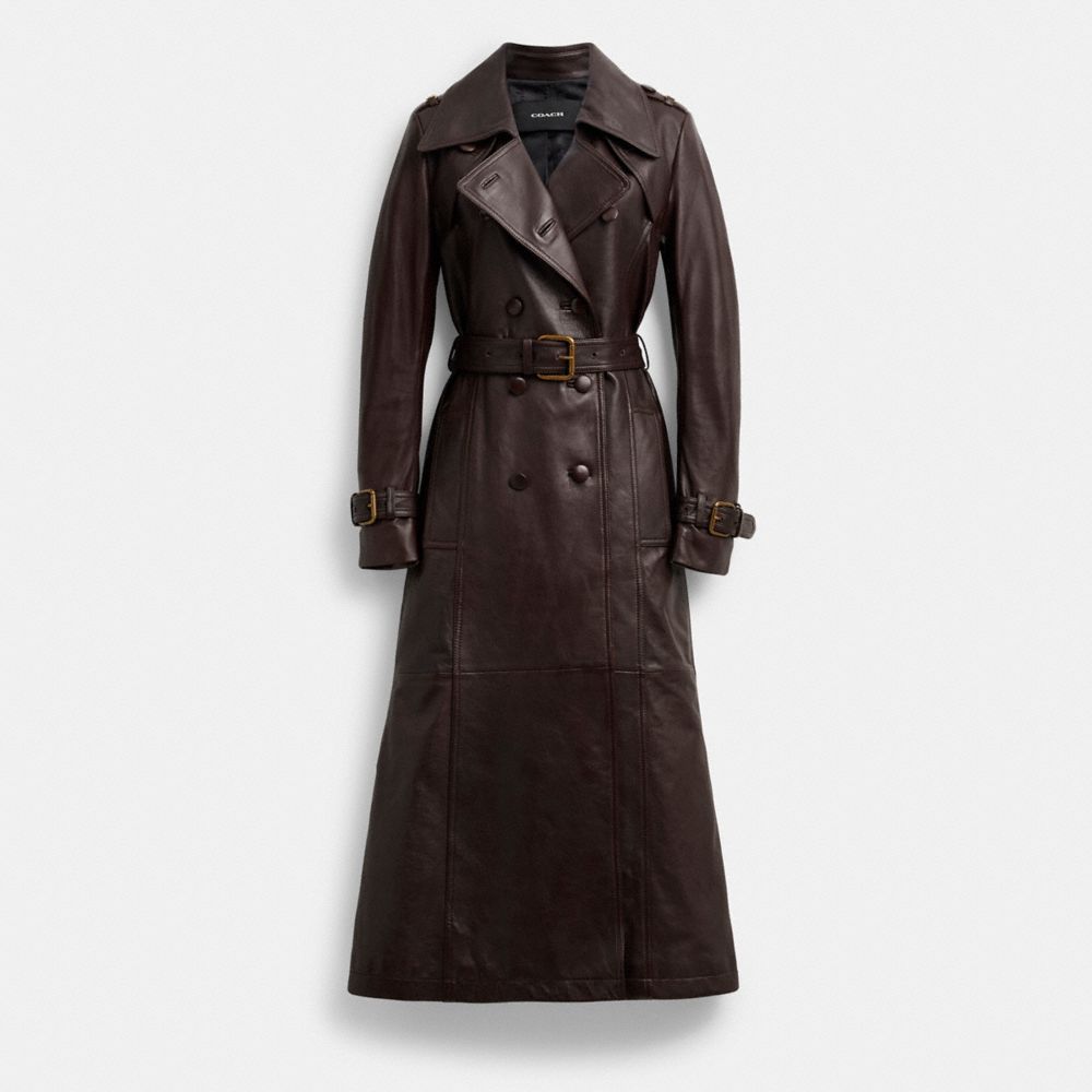 COACH®,HERITAGE C DOUBLE BREASTED LEATHER TRENCH COAT,Brown,Front View