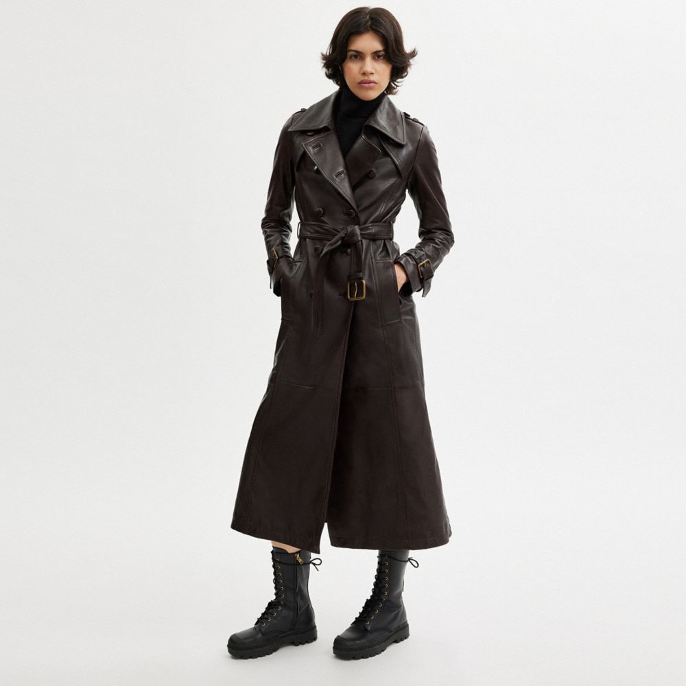 COACH®,HERITAGE C DOUBLE BREASTED LEATHER TRENCH COAT,Brown,Scale View