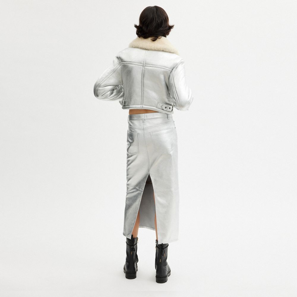 COACH®,Shrunken Aviator Jacket In Silver Metallic,Shearling,Leather,Shearling,Fur Embellishment,Cocktail,Silver,Metallic,Scale View