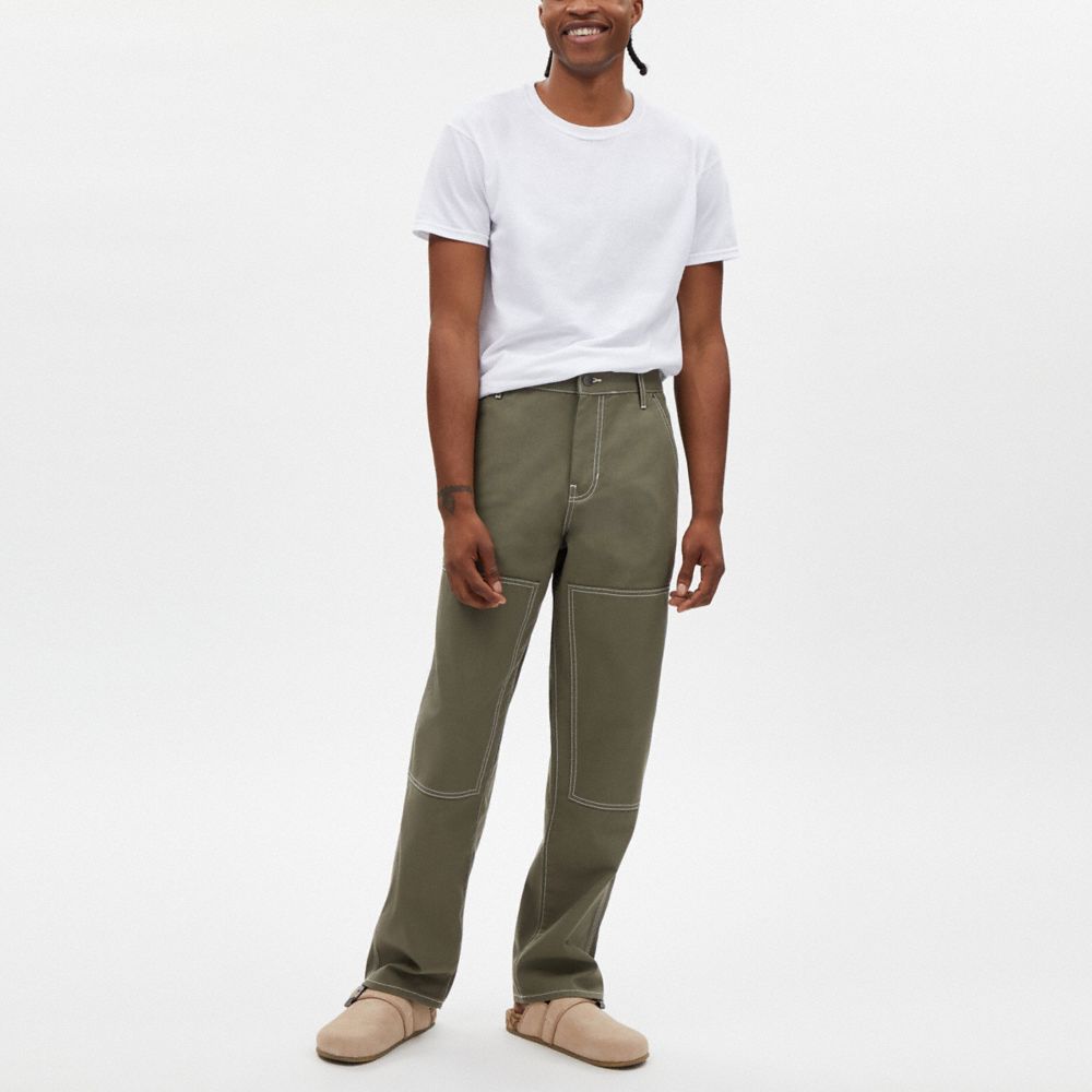 COACH®,Relaxed Straight Fit Twill Carpenter Pants In Organic Cotton And Recycled Polyester,Polyester,Cotton,Leather,Straig...,Olive,Scale View