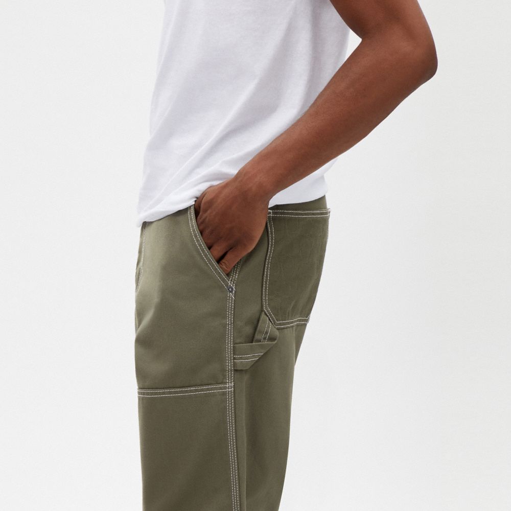 COACH®,Relaxed Straight Fit Twill Carpenter Pants In Organic Cotton And Recycled Polyester,Cotton,Polyester,Leather,Straig...,Olive,Detail View