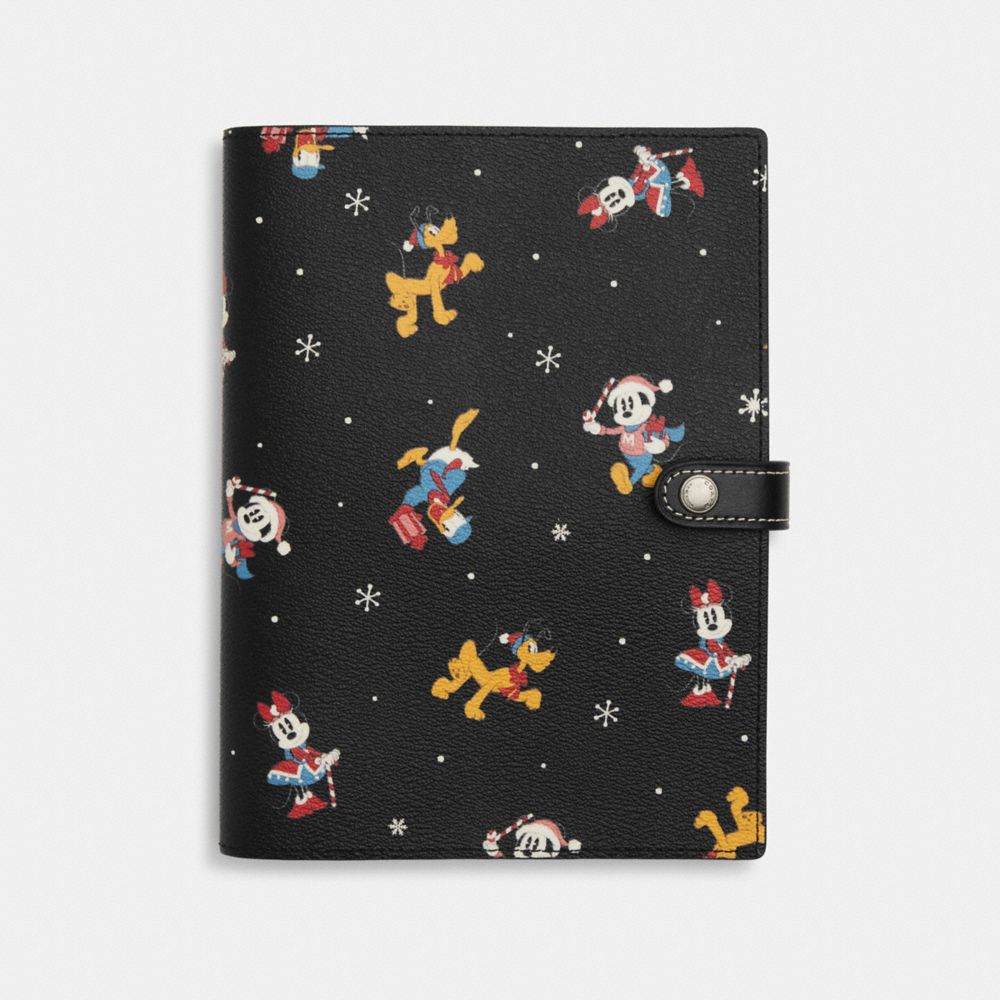 COACH®,DISNEY X COACH NOTEBOOK WITH HOLIDAY PRINT,Gunmetal/Black Multi,Front View
