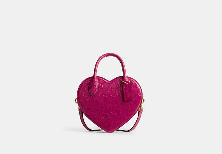COACH®,HEART BAG IN SIGNATURE LEATHER,Small,Brass/Magenta,Front View image number 0