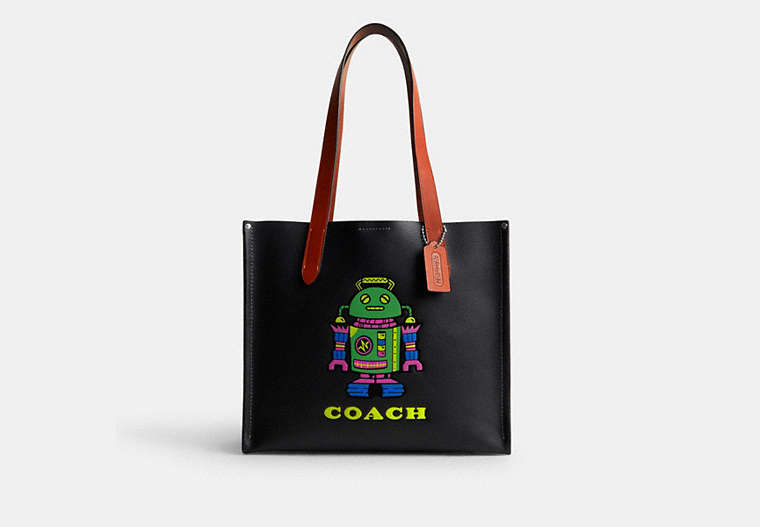 COACH®,COSMIC COACH RELAY TOTE 34 WITH ROBOT,Polished Pebble Leather,Black,Front View